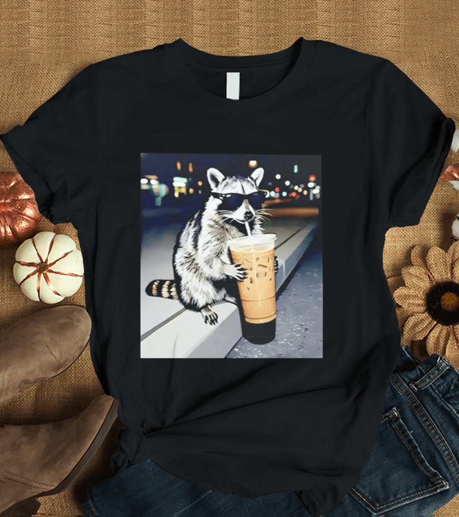 Raccoon Wearing Sunglasses Enjoying Iced Coffee Night Scene T-Shirt