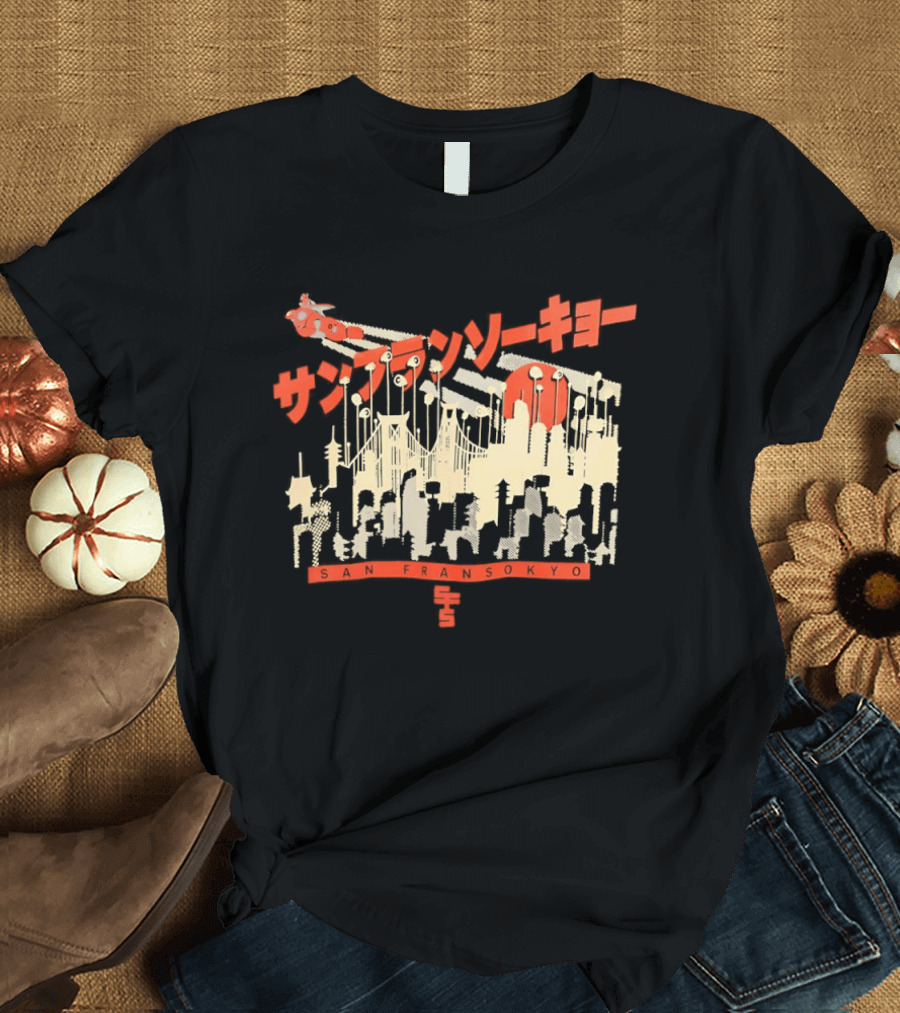 Sanfrasokyo Cityscape Fusion With Japanese Text And Baymax Figure T-Shirt