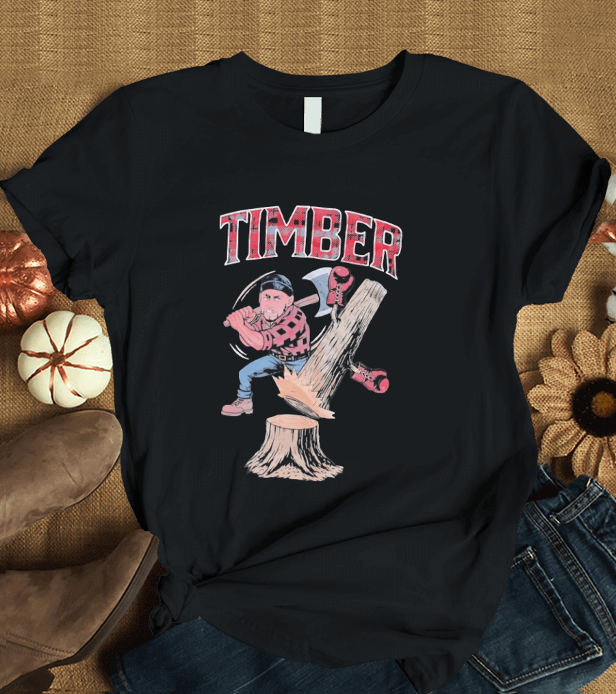 Timber Lumberjack Cartoon With Axe And Falling Tree T-Shirt