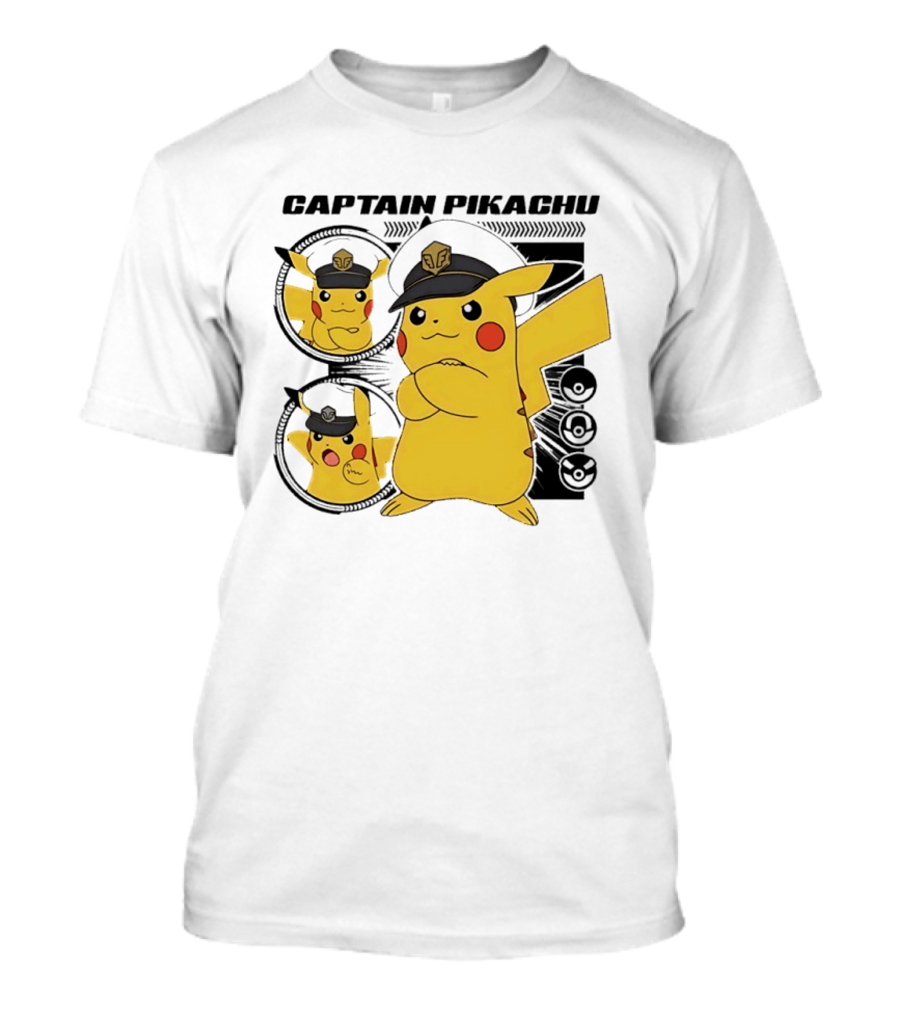 Captain Pikachu Cartoon Character With Hat And Expressions T-Shirt