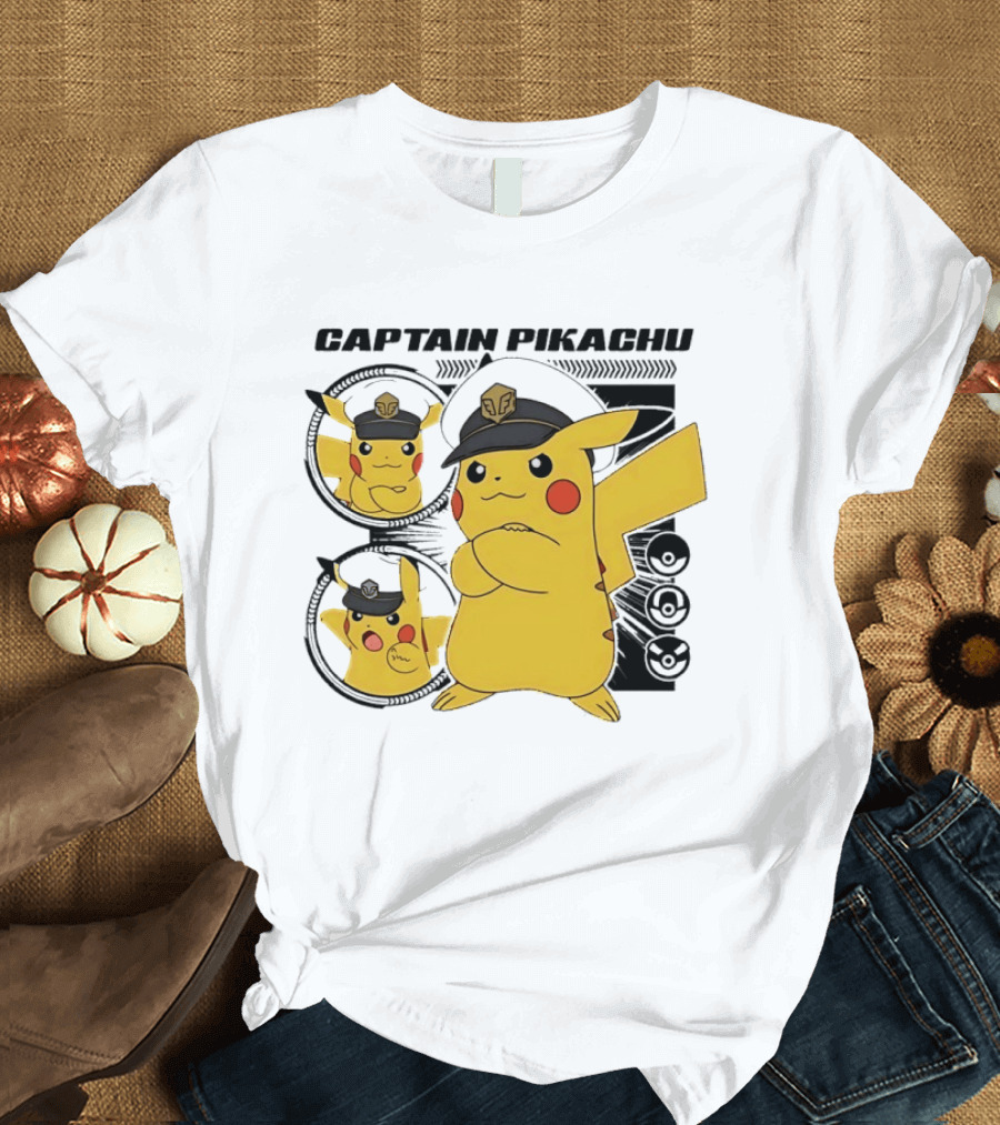 Captain Pikachu Cartoon Character With Hat And Expressions T-Shirt