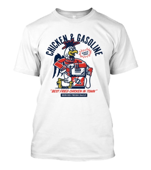 Chicken And Gasoline Best Fried Chicken In Town Since 1982 Retro Style Cartoon Rooster Pumping Gas T-Shirt
