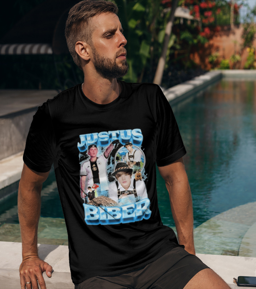 Justus Biber Justin Bieber Bavarian Inspired Collage Football Lederhosen T-Shirt