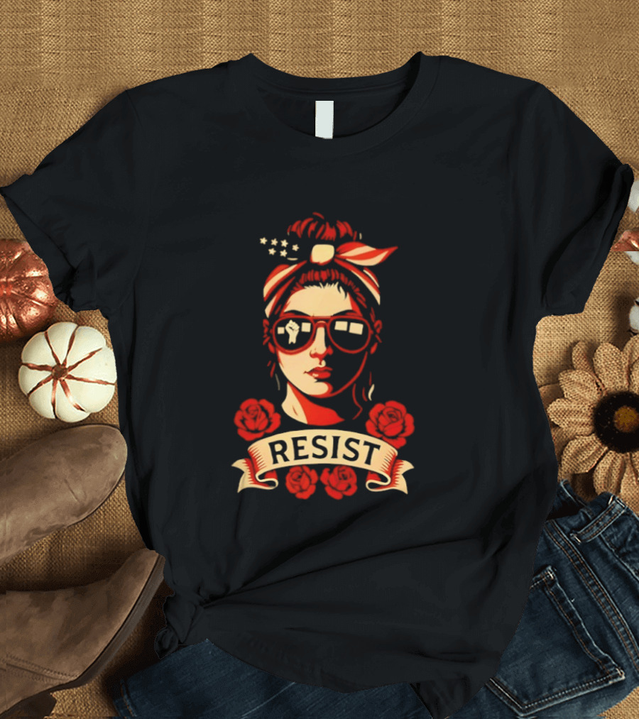Patriotic Woman Resist American Flag Bandana And Glasses With Roses T-Shirt