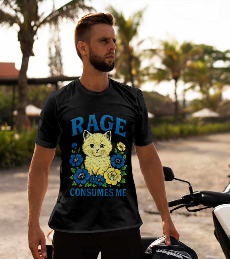 Rage Consumes Me Cat Surrounded By Blue And Yellow Flowers T-Shirt
