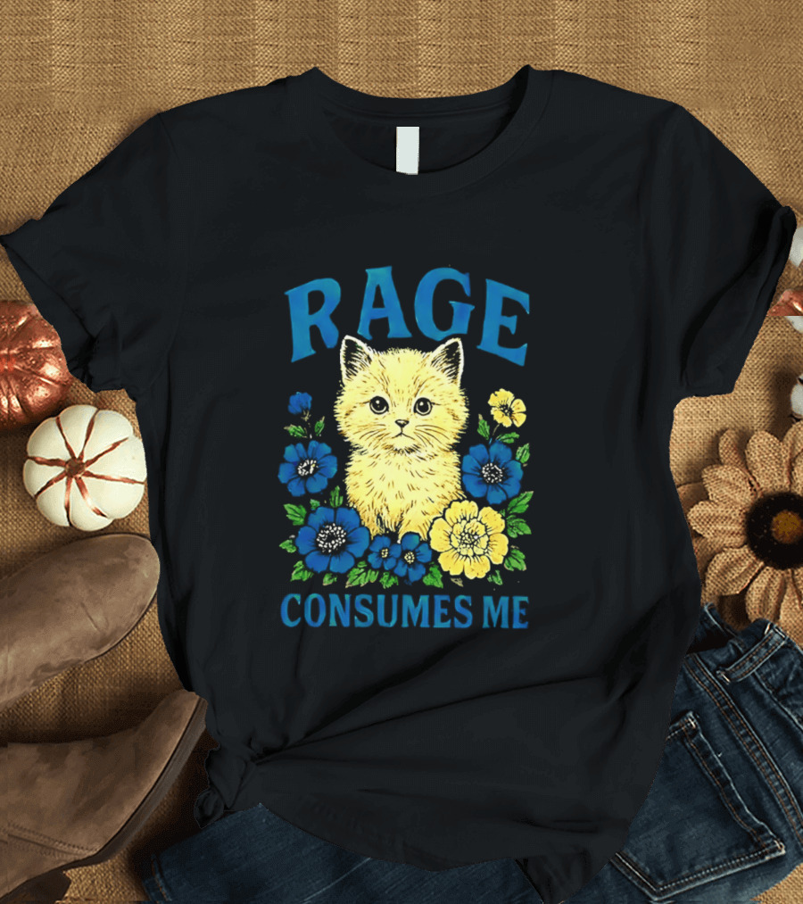 Rage Consumes Me Cat Surrounded By Blue And Yellow Flowers T-Shirt