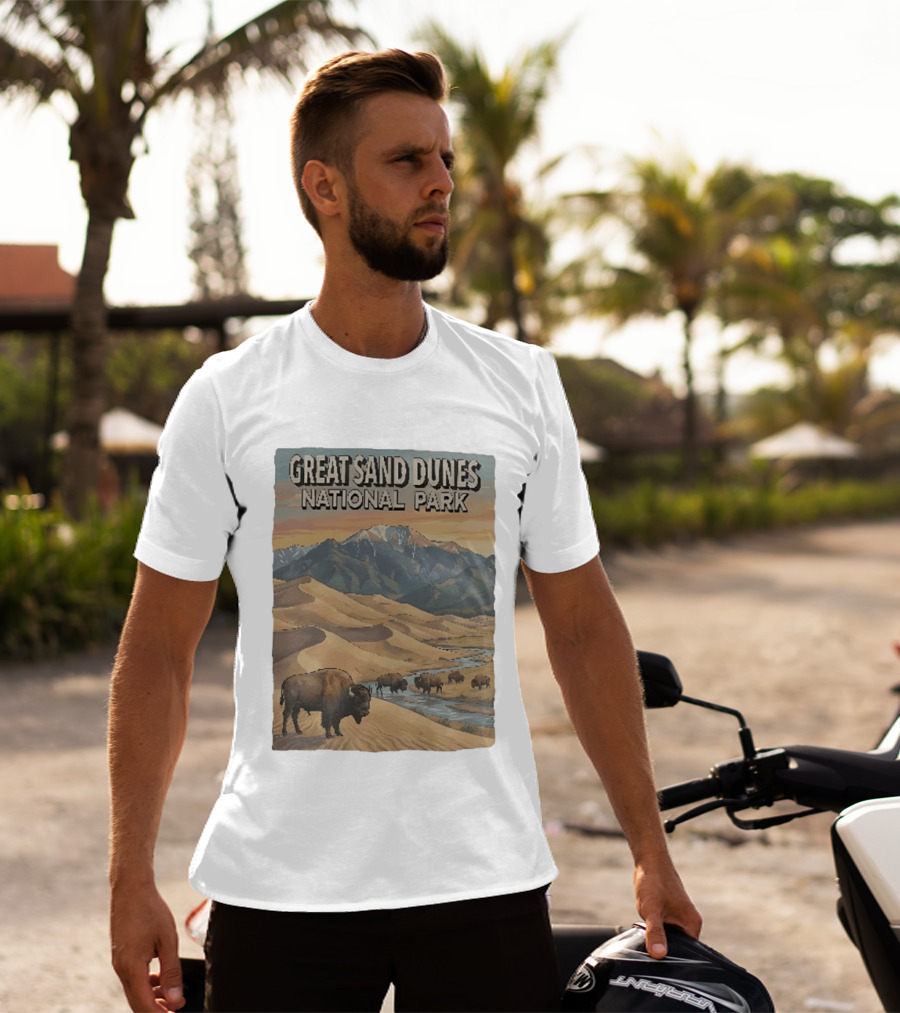 Great Sand Dunes National Park With Buffalo And Mountains Scene T-Shirt