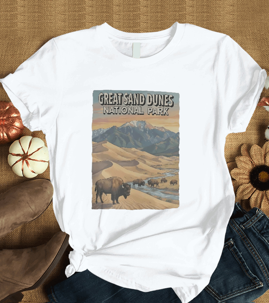 Great Sand Dunes National Park With Buffalo And Mountains Scene T-Shirt
