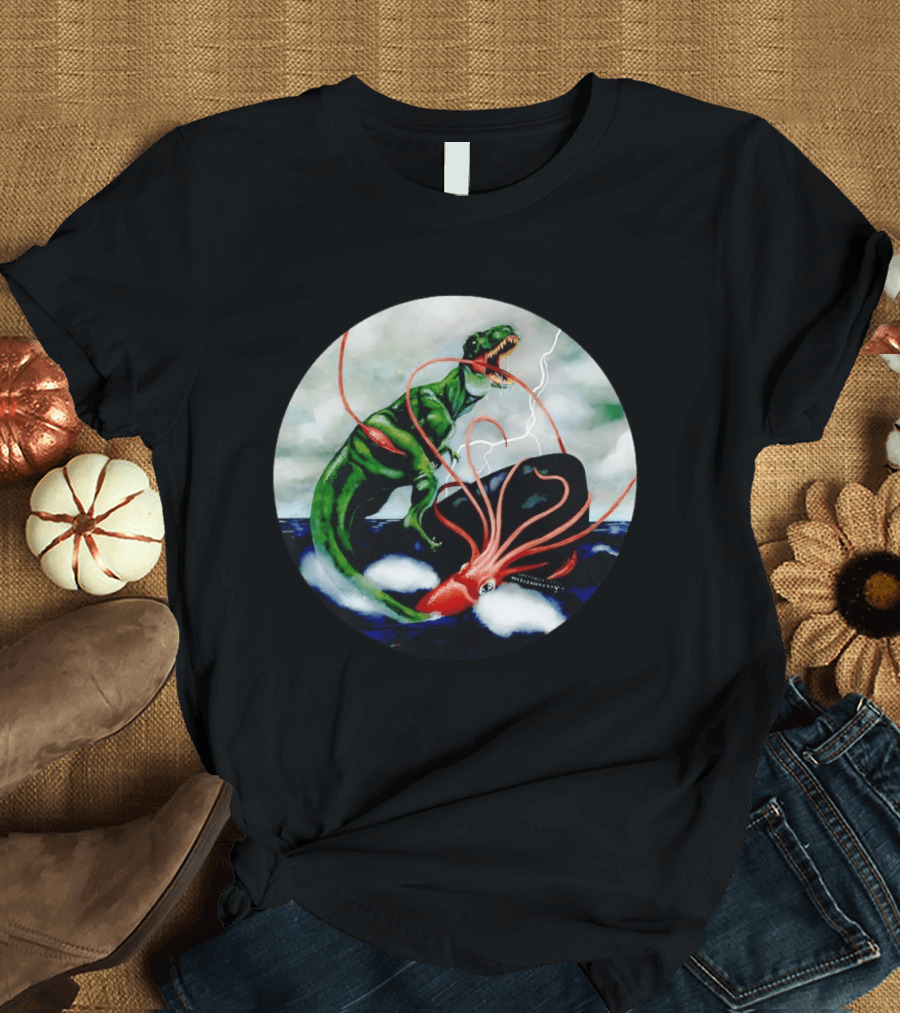 Dinosaur And Giant Squid Battle On Stormy Sea T-Shirt
