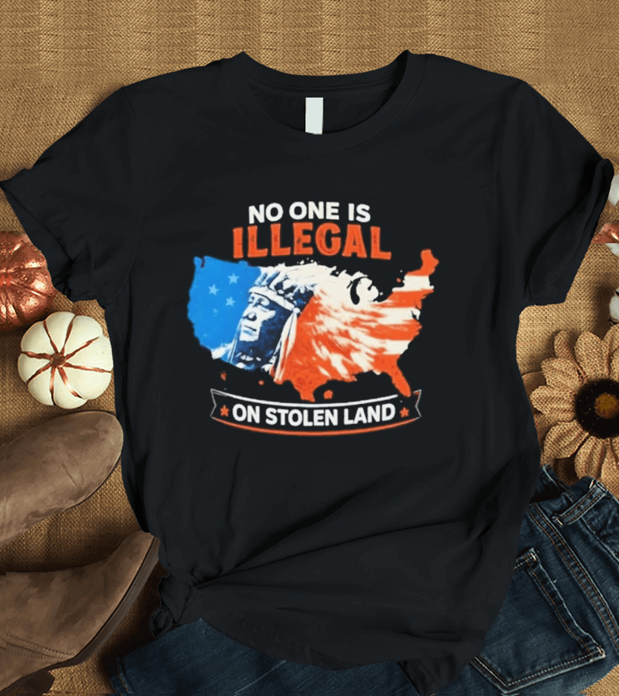 No One Is Illegal On Stolen Land USA Map Native American Headdress T-Shirt