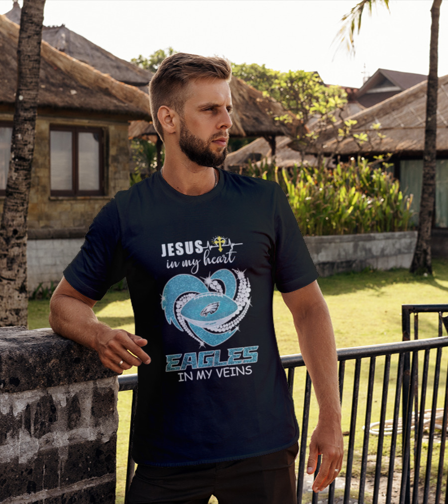 Jesus In My Heart Eagles In My Veins Diamond Heart Shape Football T-Shirt