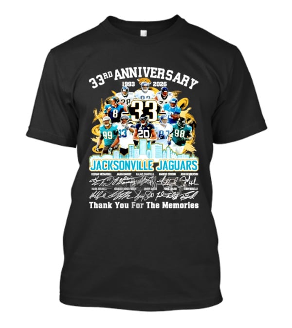 Jacksonville Jaguars 33rd Anniversary Players Collage City Skyline T-Shirt