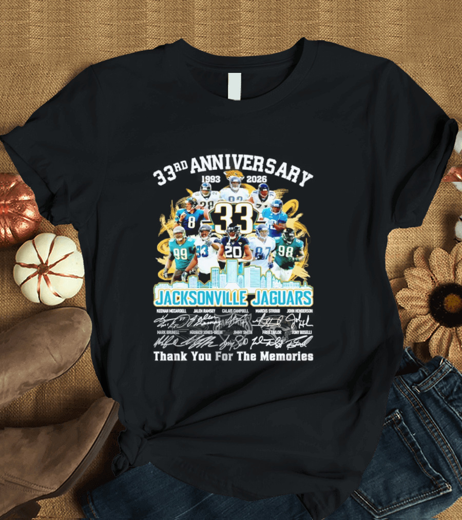 Jacksonville Jaguars 33rd Anniversary Players Collage City Skyline T-Shirt