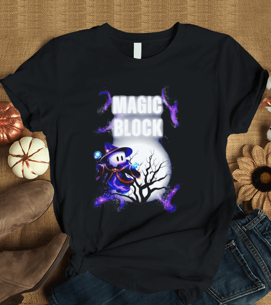 Magic Block Wizard With Glowing Orbs And Mystical Tree T-Shirt