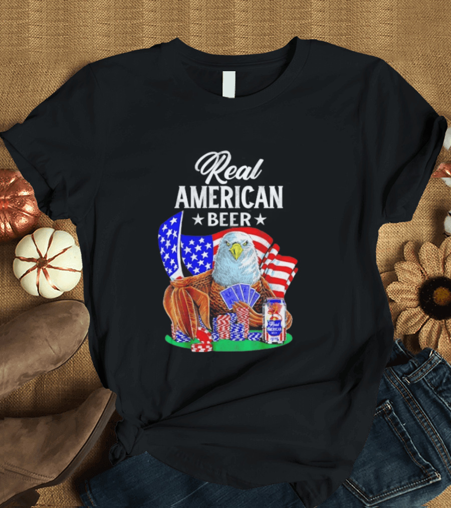 Real American Eagle Poker With Beer And Flag T-Shirt