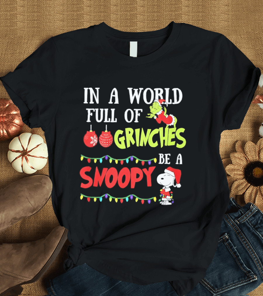 In A World Full Of Grinches Be A Snoopy Holiday Lights Santa Suit T-Shirt