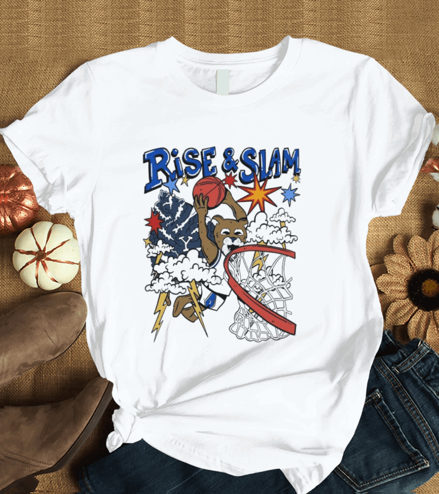 BYU Basketball Rise And Slam Flyin' Hoops Bear Dunking With Stars And Lightning T-Shirt