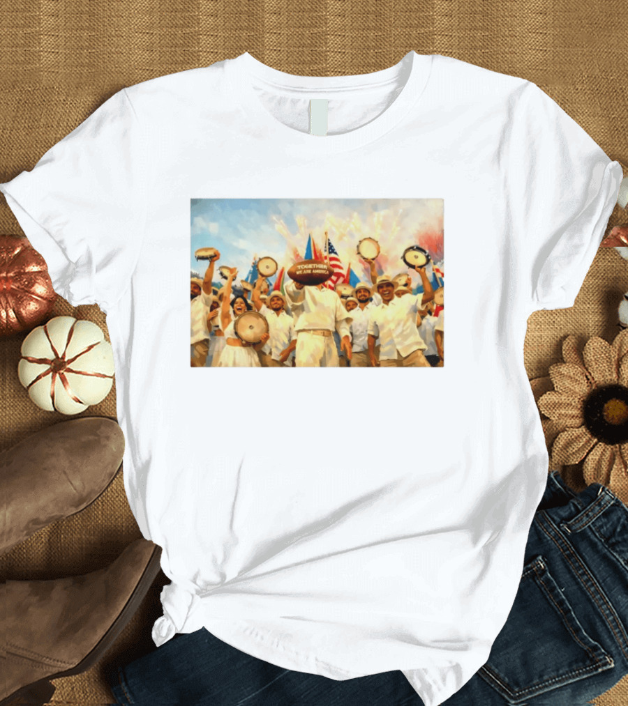 Together We Are America Tambourine Celebration With Flags And Diverse Group Unity T-Shirt