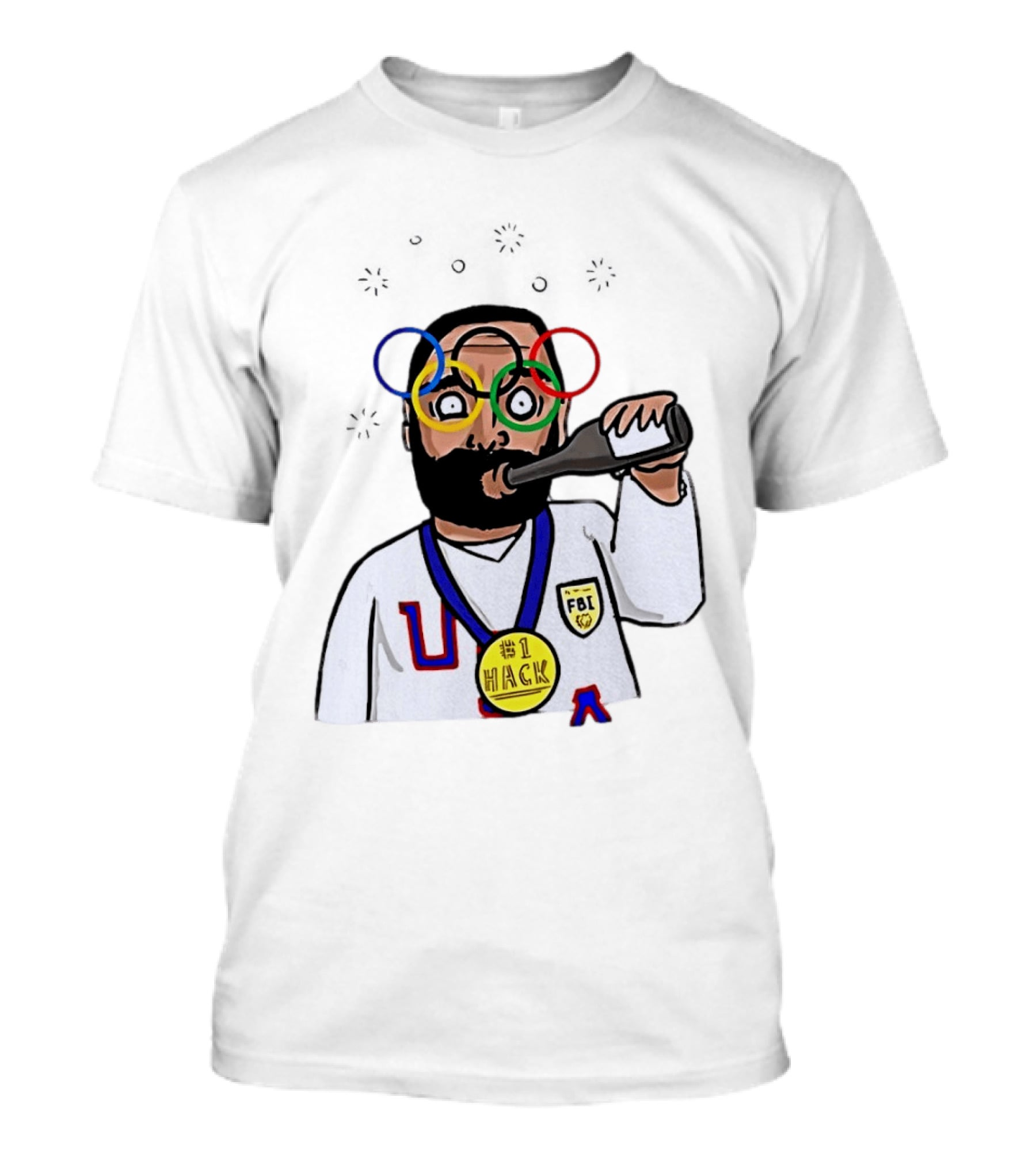 Bearded Man FBI Olympic Rings Glasses Drinking Bottle Hack Medal T-Shirt