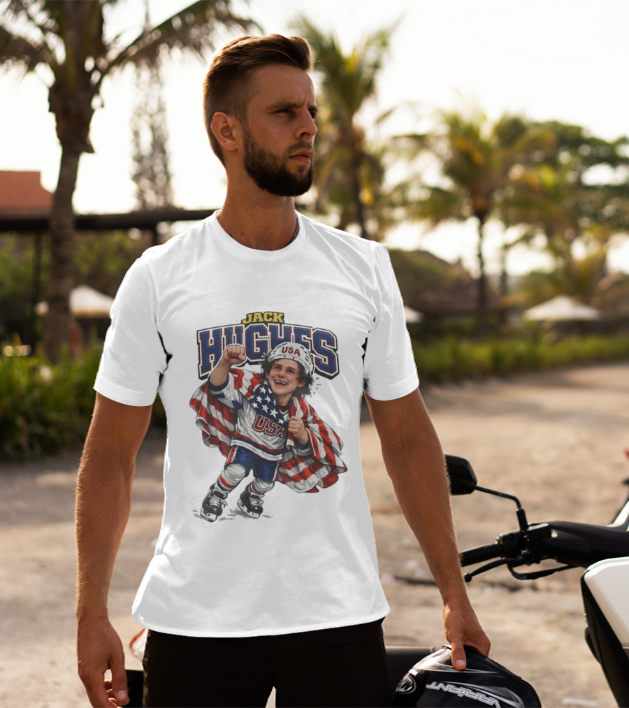Jack Hughes USA Hockey Caricature American Flag T-Shirt