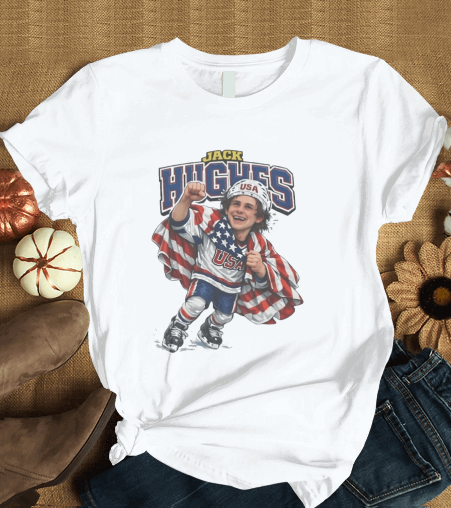 Jack Hughes USA Hockey Caricature American Flag T-Shirt