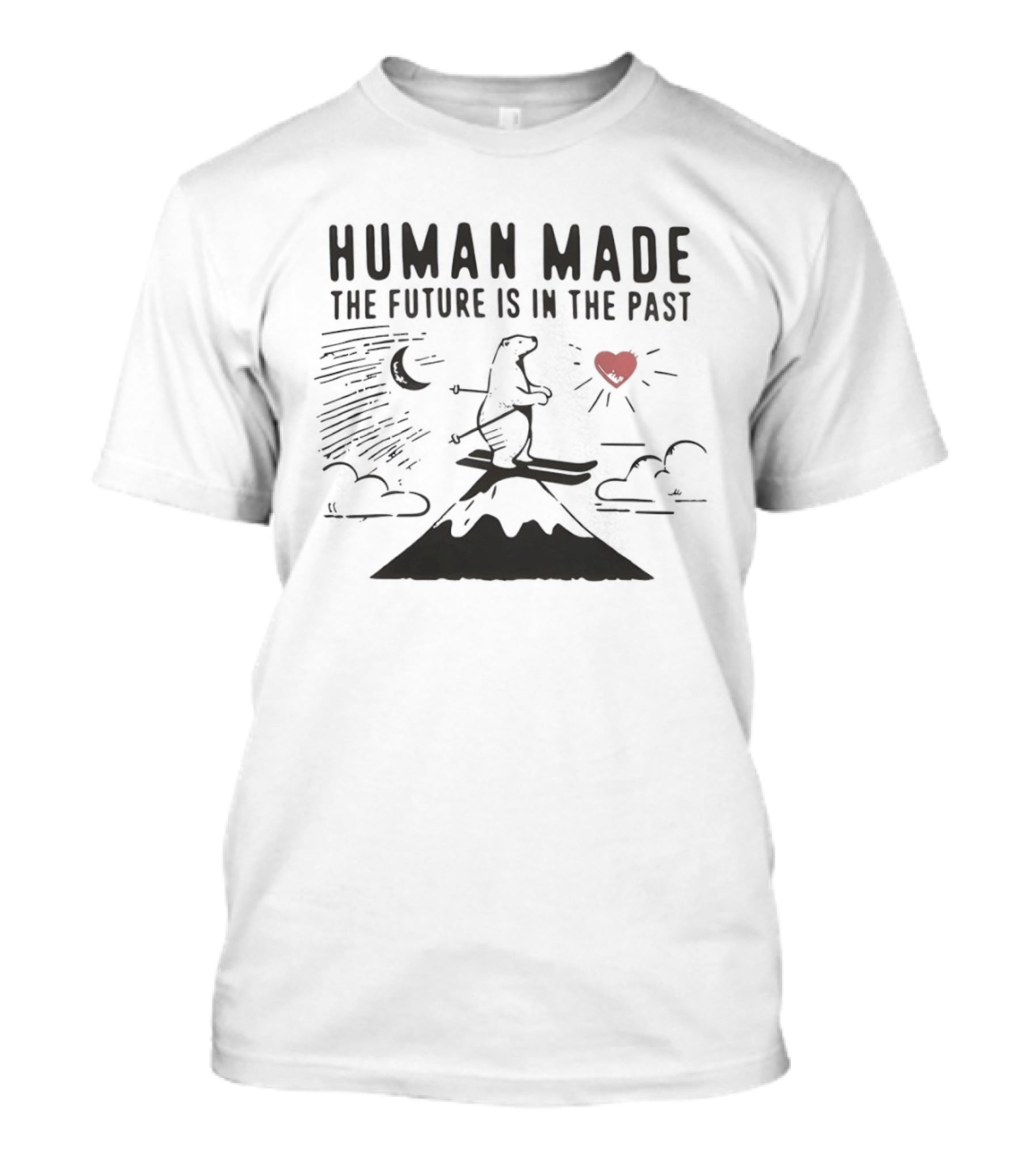 Polar Bear Skiing Human Made The Future Is In The Past Moon Heart Clouds Mountain T-Shirt