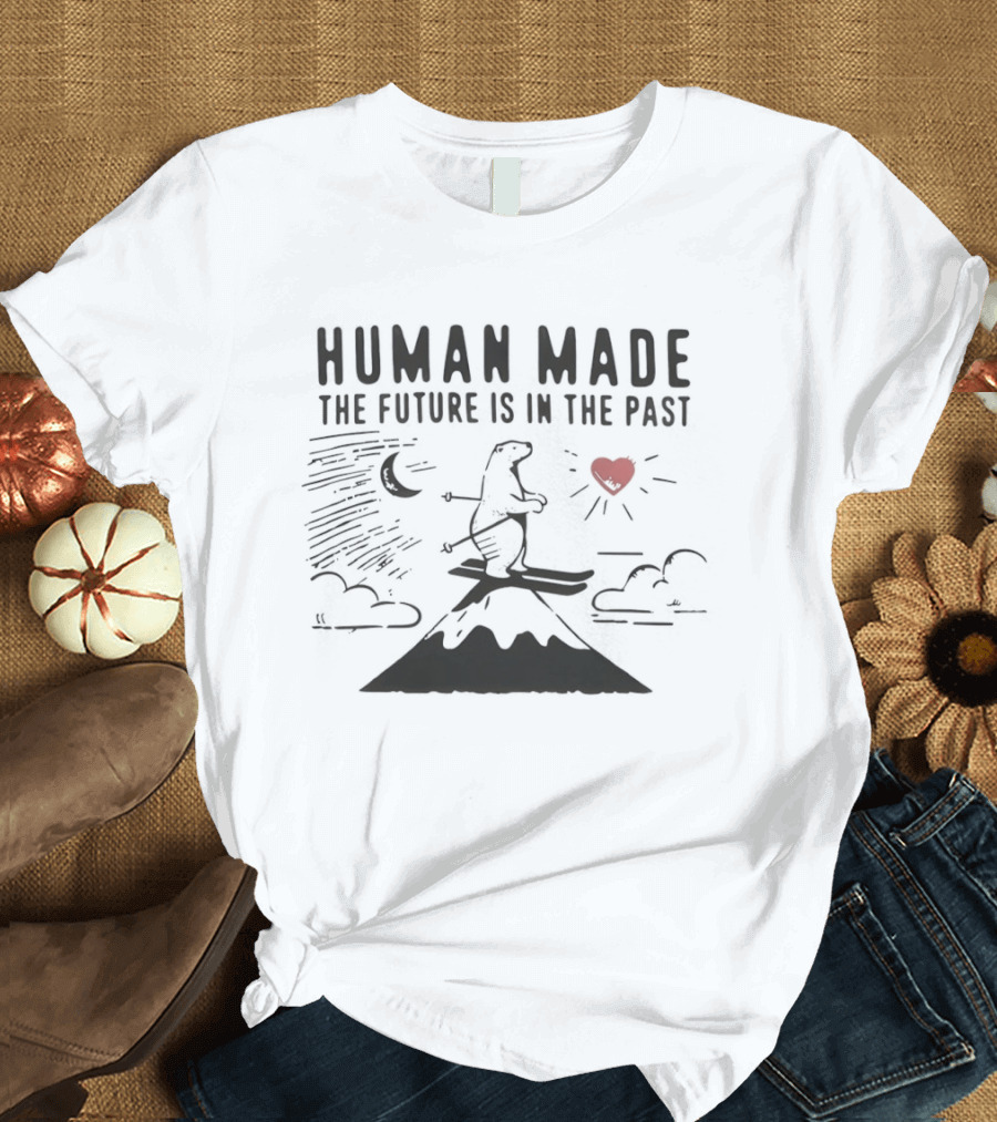 Polar Bear Skiing Human Made The Future Is In The Past Moon Heart Clouds Mountain T-Shirt