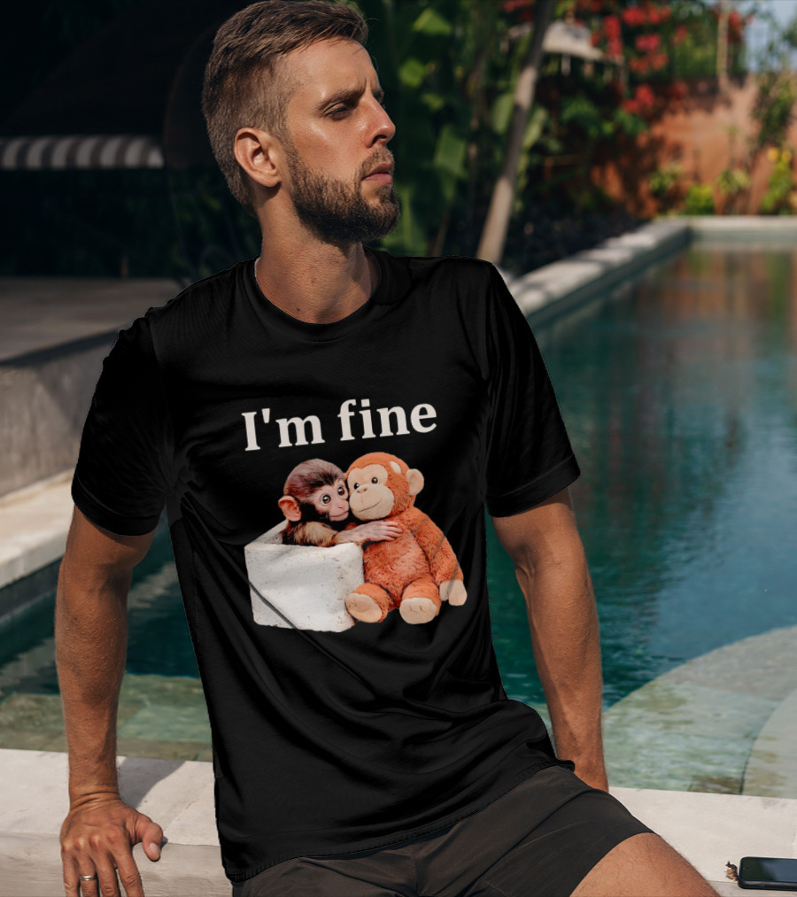 Sad Monkey Hugging Orange Toy With I'm Fine T-Shirt