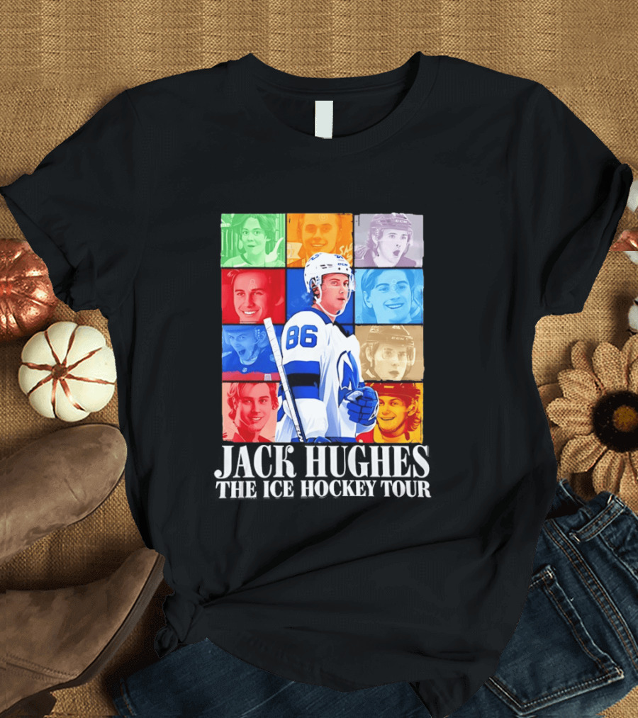 Jack Hughes 86 The Ice Hockey Tour Colorful Portrait Compilation T-Shirt