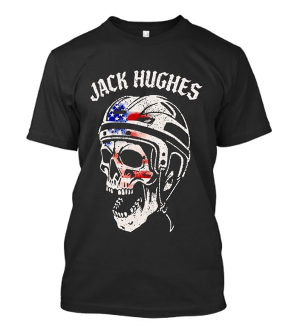 Jack Hughes USA Flag Skull Hockey Helmet T-Shirt