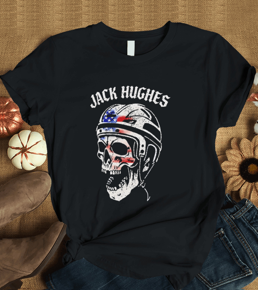 Jack Hughes USA Flag Skull Hockey Helmet T-Shirt