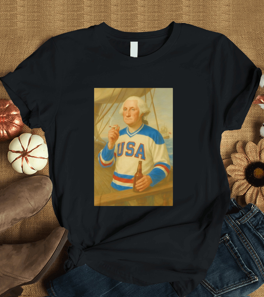 USA Hockey Jersey Wearing George Washington Smoking Holding Beer T-Shirt