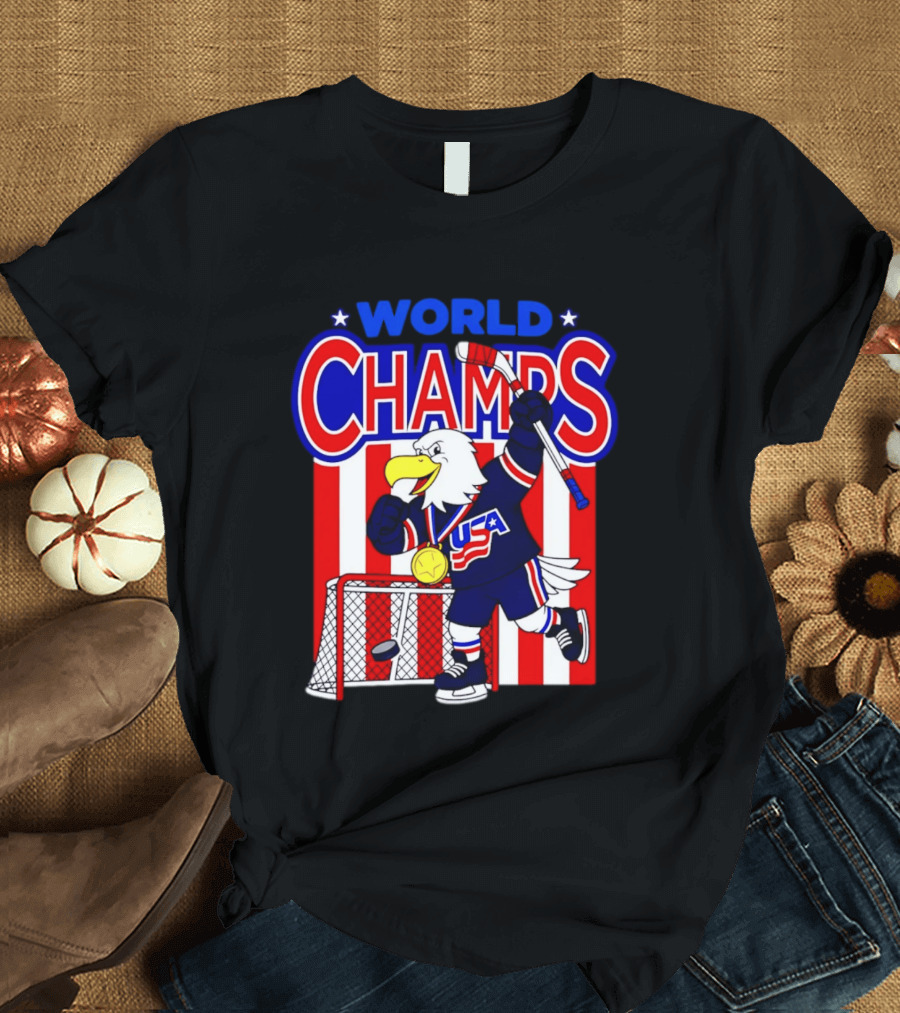 USA Hockey World Champs 2026 Eagle Mascot With Gold Medal T-Shirt