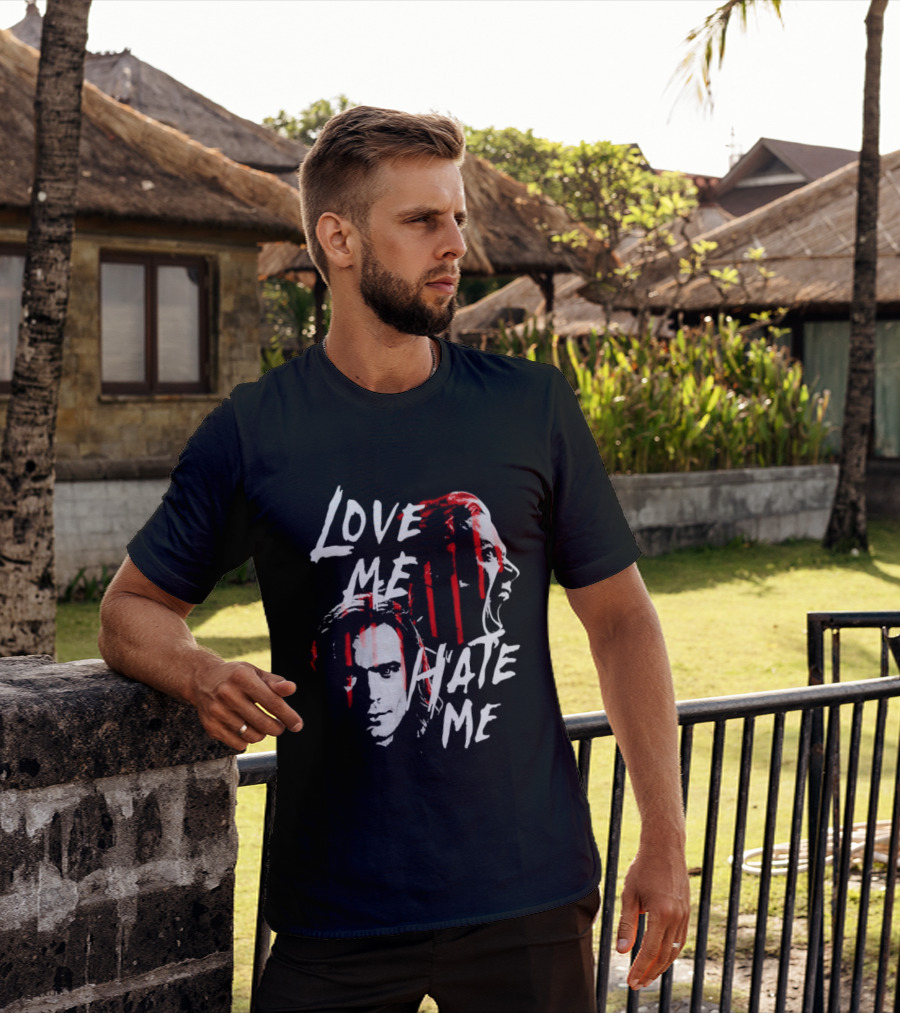 Love Me Hate Me White Text Red Brush Strokes Faces T-Shirt