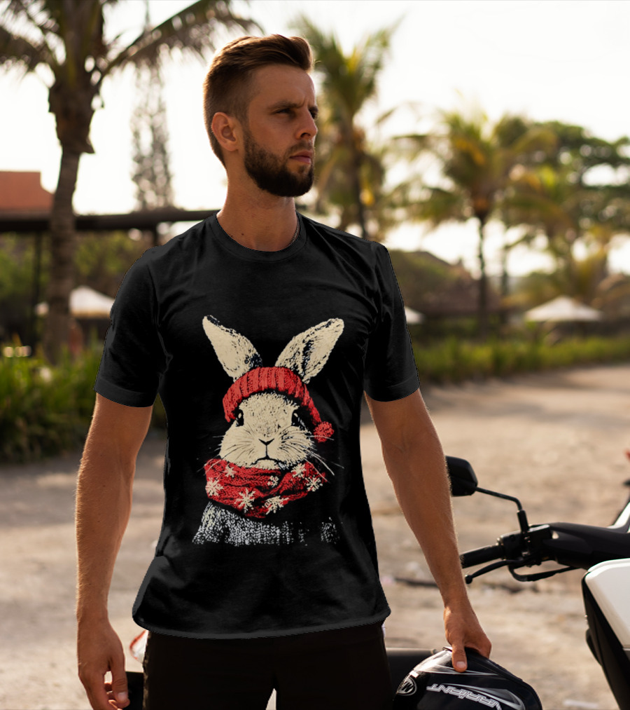 Bunny Rabbit In Red Knit Hat With Snowflake Scarf Winter T-Shirt