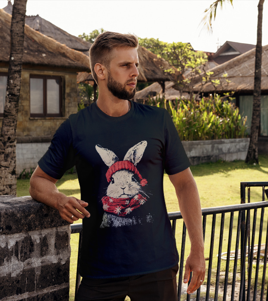 Bunny Rabbit In Red Knit Hat With Snowflake Scarf Winter T-Shirt