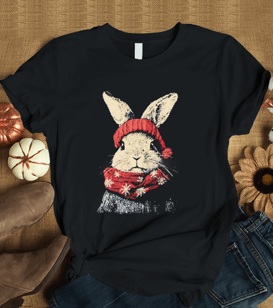 Bunny Rabbit In Red Knit Hat With Snowflake Scarf Winter T-Shirt