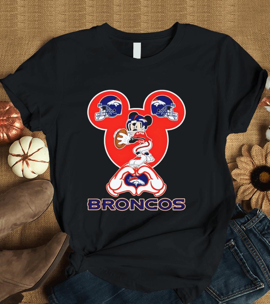 Denver Broncos Mickey Mouse Heart Hands Football Fan T-Shirt
