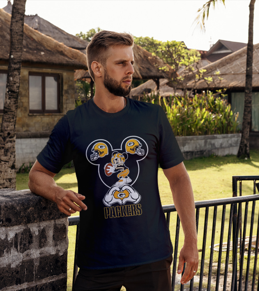 Packers Mickey Mouse Heart Hands Football Helmet T-Shirt
