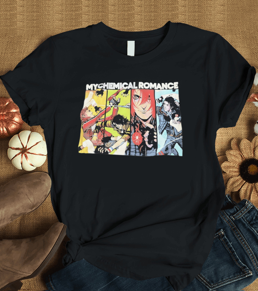 My Chemical Romance Comic Book Characters And Spider Symbol Vibrant Panel T-Shirt