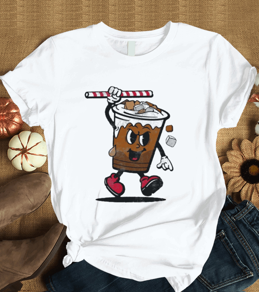 Reading Iced Coffees Cartoon Cup Character Fun T-Shirt