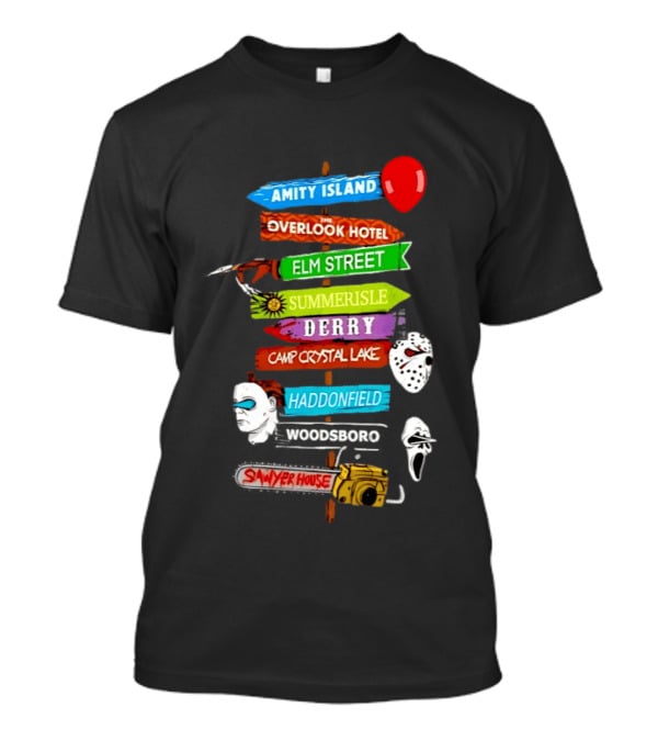 Amity Island Overlook Hotel Elm Street Summerisle Derry Camp Crystal Lake Haddonfield Woodsboro Sawyer House Horror Locations T-Shirt