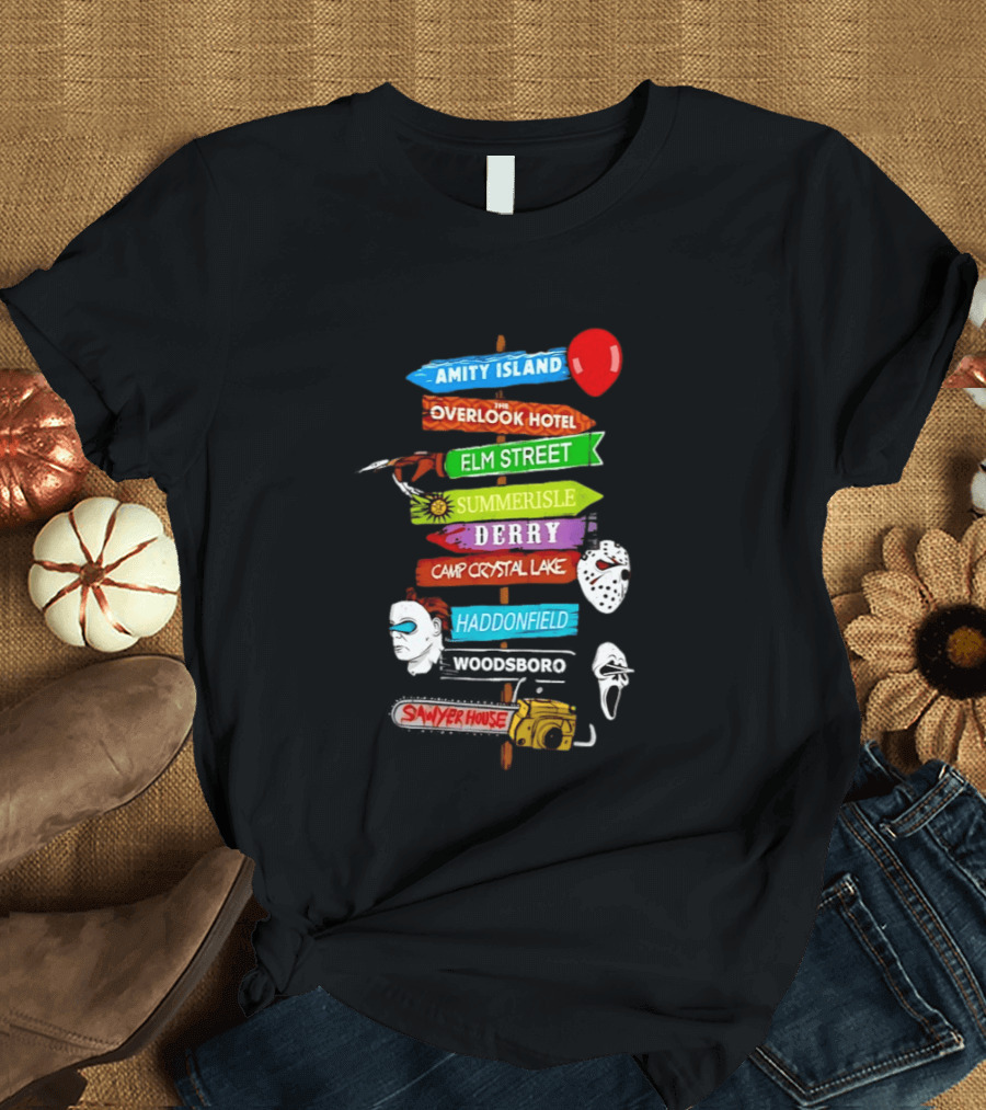 Amity Island Overlook Hotel Elm Street Summerisle Derry Camp Crystal Lake Haddonfield Woodsboro Sawyer House Horror Locations T-Shirt