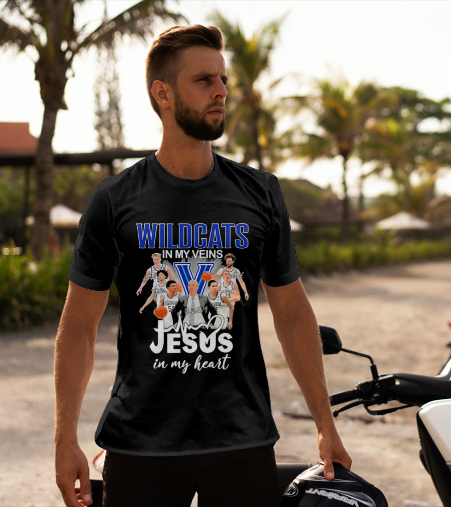 Wildcats In My Veins Jesus In My Heart Villanova Basketball Team Coach Kevin Willard T-Shirt