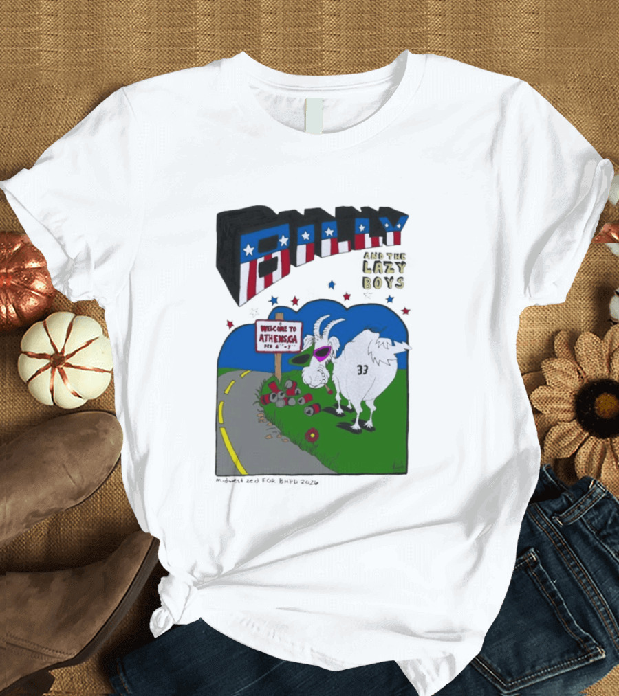 Billy And The Lazy Boys Athens GA Goat With Sunglasses Number 33 Welcome To Athens Sign T-Shirt