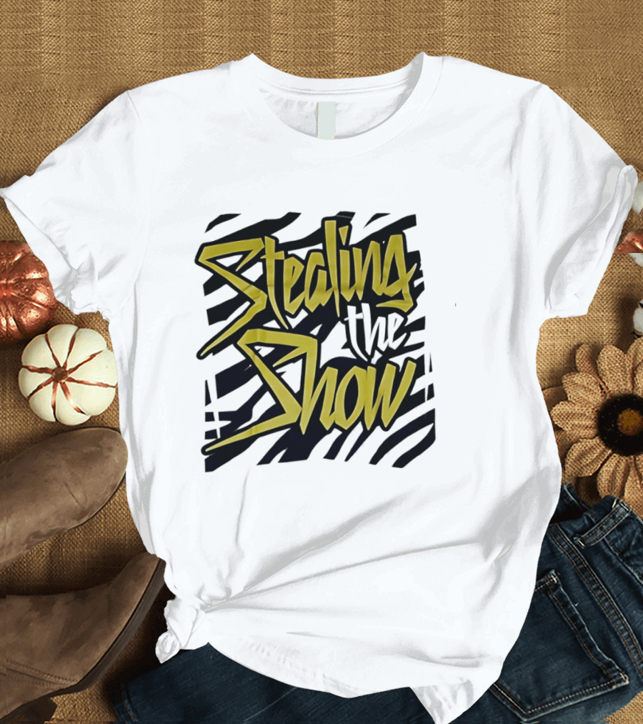 Stealing The Show Bold Graffiti Style Text On Striped T-Shirt
