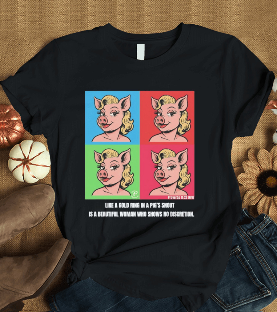 Proverbs 11:22 NIV Pig Pop Art Style Blonde Pig Panels T-Shirt