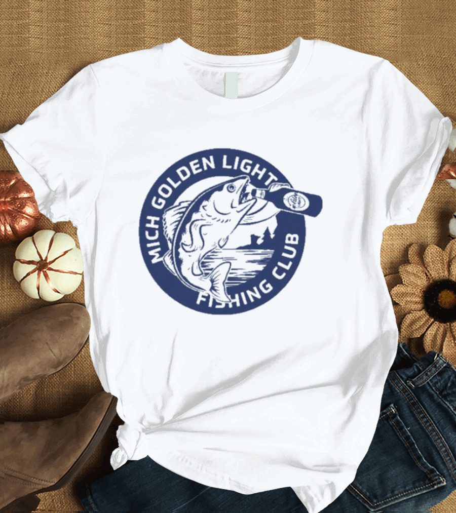Mich Golden Light Fishing Club Logo With Fish And Bottle T-Shirt