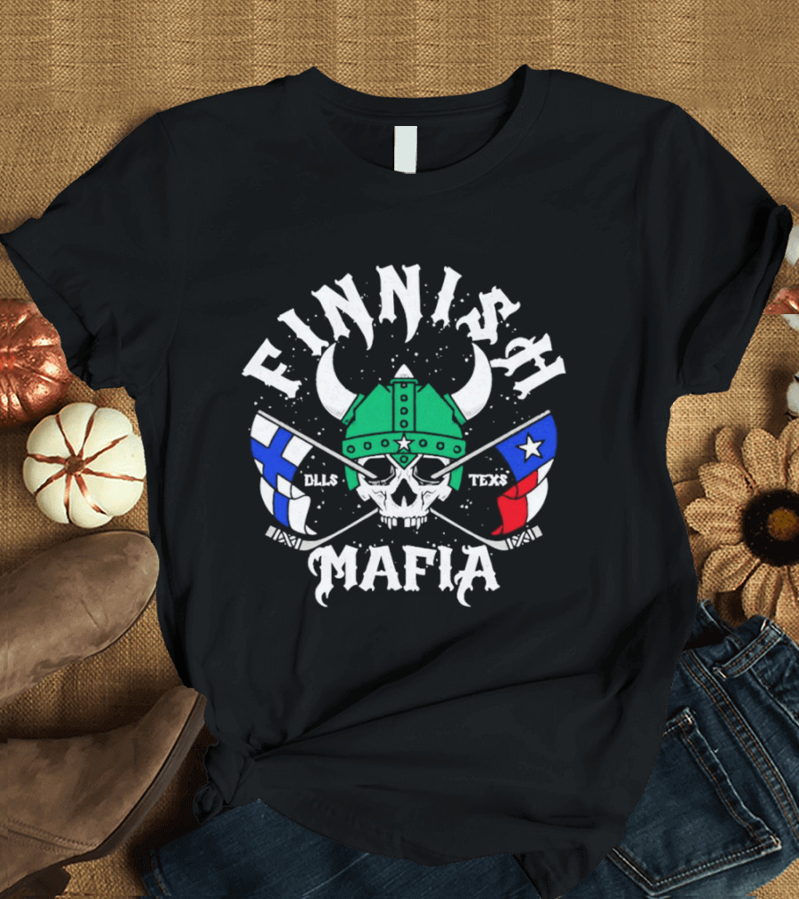 Finnish Mafia Skull Helm Crossed Sticks Finland Dallas Texas Flags T-Shirt