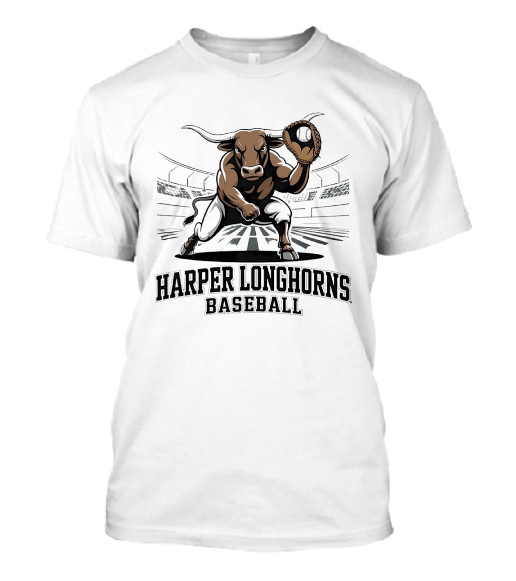 Harper Longhorns Baseball Fierce Bull Mascot Stadium Scene T-Shirt